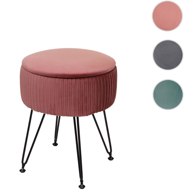 Pouf HWC-K47 - tabouret avec compartiment de rangement - Ø 33cm - aspect velours - vert - piètement noir