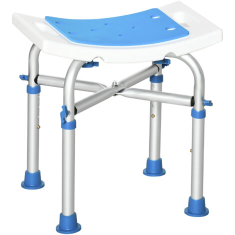 Tabouret de douche bleu aluminium avec assise rembourrée réglable et patins antidérapants