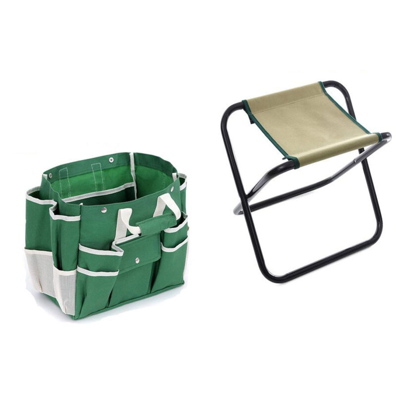 Tabouret de Jardin Pliable Inoxydable Ensemble d'outils de Jardinage Robuste Sac à Outils en Toile Amovible