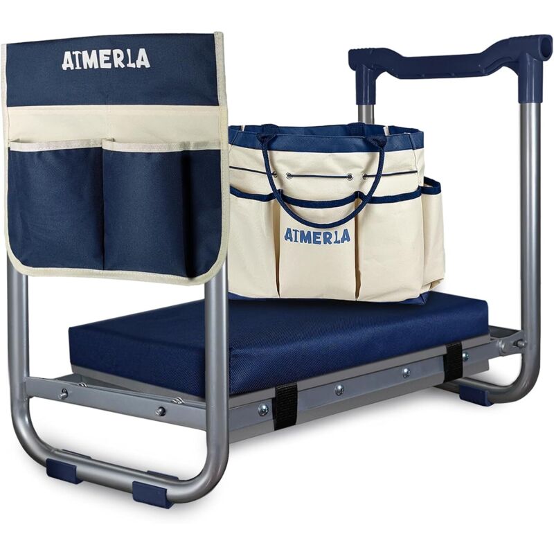 Tabouret de jardin pliant avec genouillères (genouillères amovibles) – 2 grands sacs de jardin compartimentés