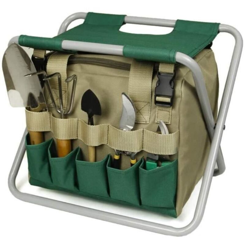 Tabouret de Jardin Pliant avec Sac en Toile Amovible, Siège Portable et Organisateur d'Outils.