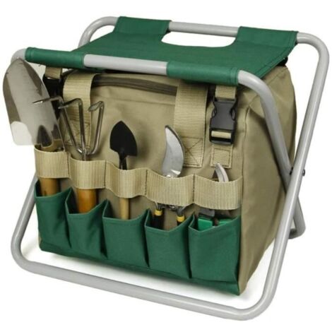 Tabouret de Jardin Pliant avec Sac en Toile Amovible, Siège Portable et Organisateur d'Outils.