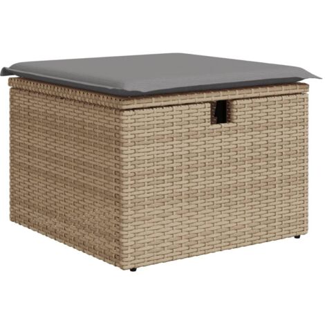 Tabouret de jardin， Pouf de jardin，Repose-pied avec coussin beige 55x55x37cm résine tressée CFW79303