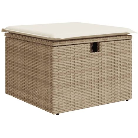 Tabouret de jardin， Pouf de jardin，Repose-pied avec coussin beige 55x55x37cm résine tressée CFW95222