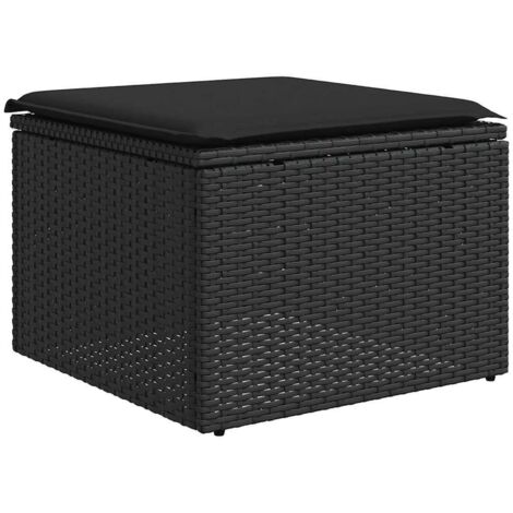 Tabouret de jardin， Pouf de jardin，Repose-pied avec coussin Noir 55x55x37 cm Résine tressée CFW12208