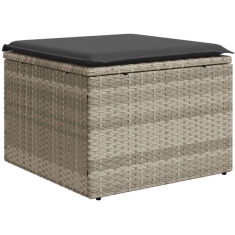 Tabouret de jardin， Pouf de jardin，Repose-pied coussin gris clair 55x55x37cm résine tressée CFW75590