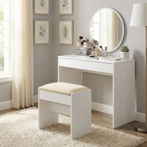 Tabouret de Maquillage en Velours, Rembourré, Style Moderne, pour Chambre, Entrée, Repose-pieds, Blanc et Crème