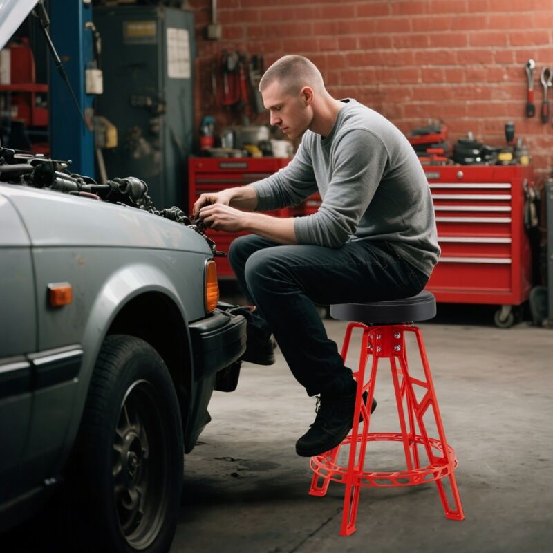 Tabouret de Mécanicien Haut Chaise de Garage en Aluminium Résistant avec Siège Pivotant à 360° & Repose-Pieds Charge 182 kg Rouge
