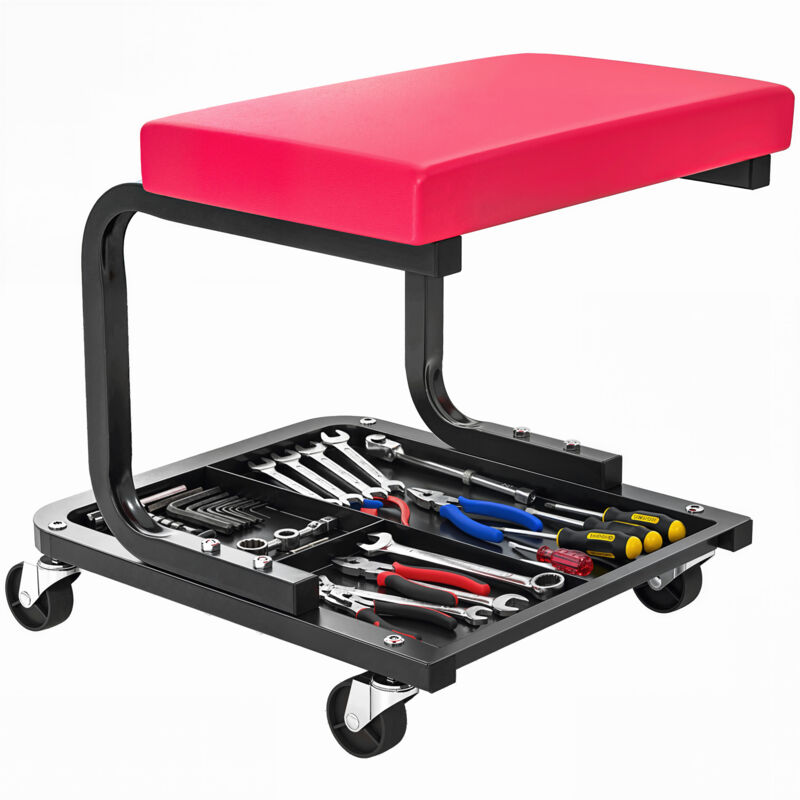 Tabouret de mécanicien - HOMCOM - charge 135 kg - plateau outils, roulettes lisses pivotant à 360° - 36,5 x 33,5 x 35 cm - rouge