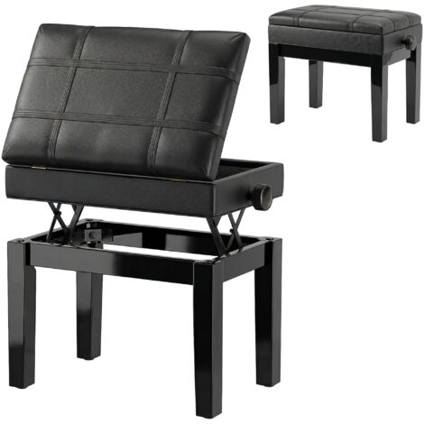 Tabouret de piano réglable en hauteur avec compartiment de rangement, en bois et similicuir, 63 x 35 x 46-56 cm, noir