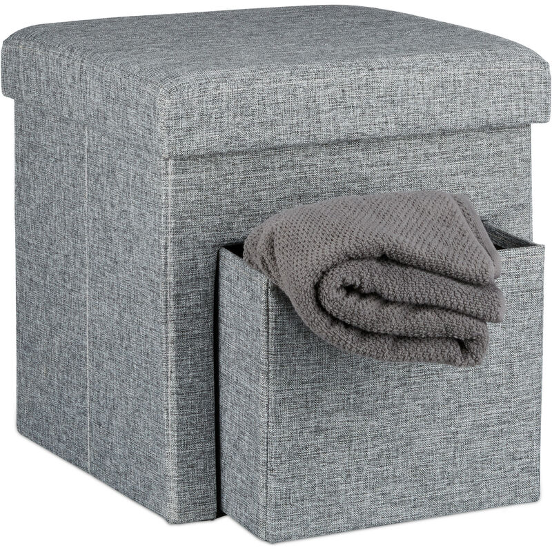 Tabouret de rangement carré pliant en lin avec couvercle amovible compartiment pouf de stockage cube pour le salon pliable avec tiroir repose-pieds