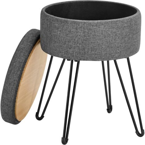 Tabouret de Rangement, Siège Rond, Tabouret de Coiffeuse, Pouf, Repose-Pieds, Volume de 9,4L, Pieds en Métal, Siège Rembourré, Gris Foncé LOM002G01 SONGMICS
