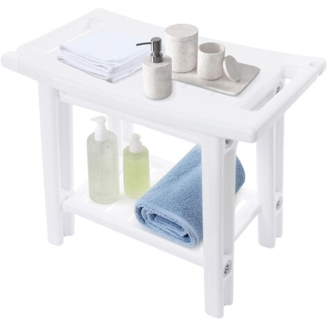 Tabouret de salle de bain, banc de douche avec étagère, siège de douche supportant jusqu'à 70 kg, banc imperméable pour la maison et la salle de bain, 56 x 32 x 46 cm, blanc