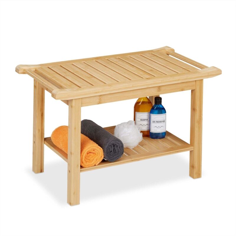 Tabouret de salle de bain en bambou avec poignee