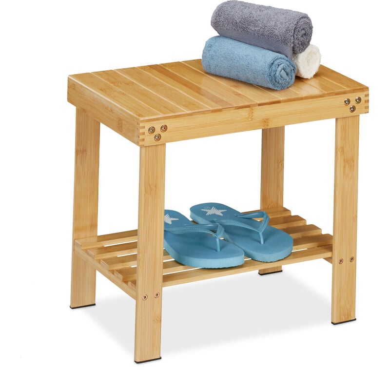 Tabouret de salle de bain en bambou, surface rangement, HxLxP: 41,5x44x28 cm, couloir & salle de bain, nature - Relaxdays