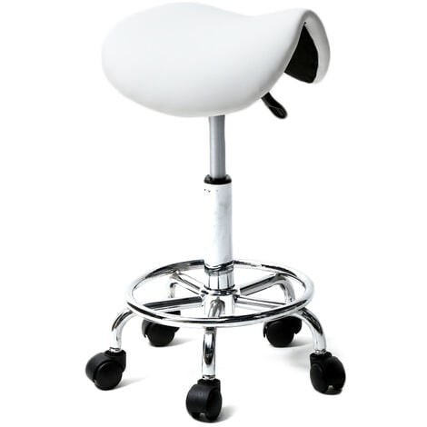 GROSMONDE Tabouret de technicien, demi cuir PU, barre d'air certifiée SGS, roues en nylon, 150 kg, blanc, coussin en forme de selle