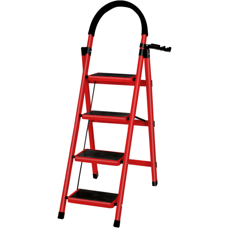 Tabouret Echelle pliant Marche pied 4marches de sécurité pliant Acier au carbone 133x74x39cm rouge