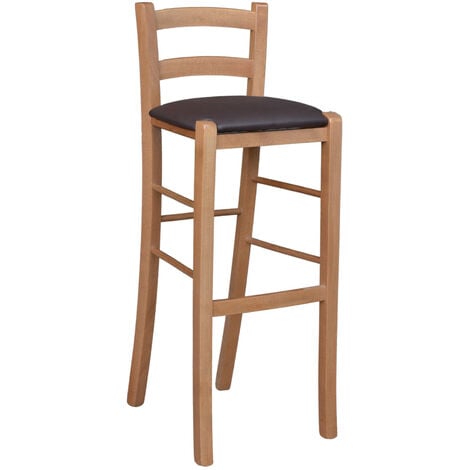 OKAFFAREFATTO Tabouret en bois avec dossier h 80 cm assise simili cuir marron