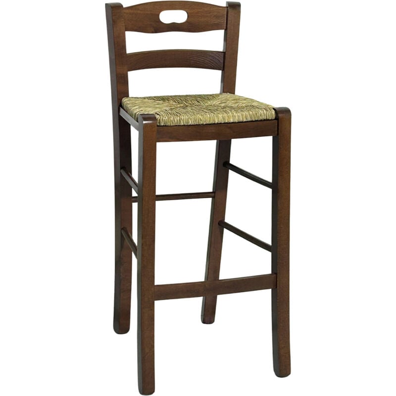 Okaffarefatto - Tabouret en bois avec poigne au dossier h66 noyer foncassise en paille