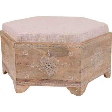 tabouret en bois de manguier peint à la main coussin transparent - bois naturel peint blanc coussin transparent
