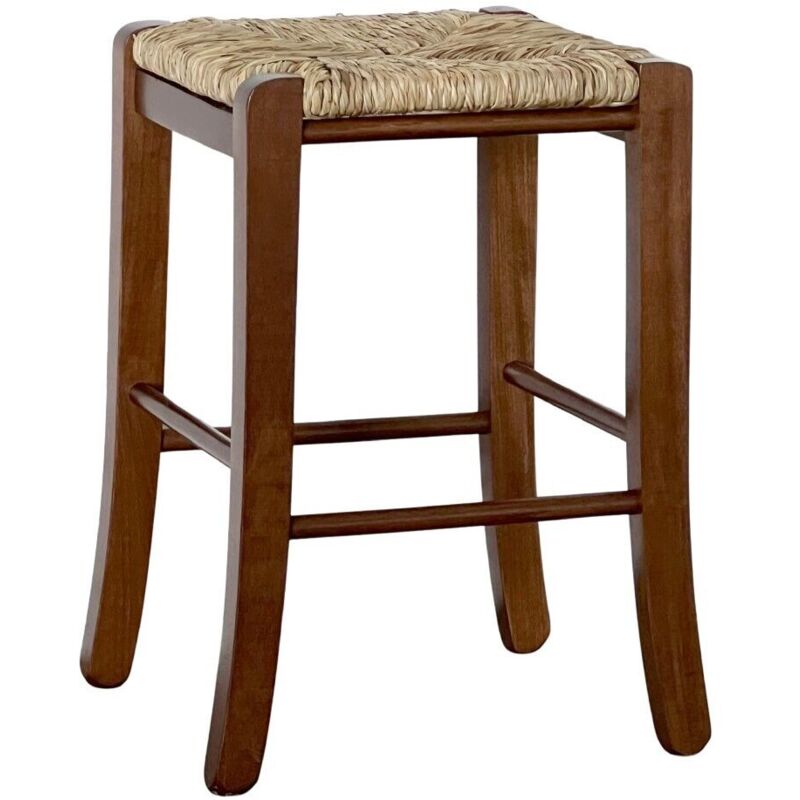 Tabouret en bois h 47 cm avec assise en paille de noyer foncavec pieds sabre