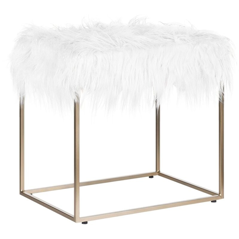 Petit Tabouret Glamour avec Assise en Fausse Fourrure Blanche et Struture en Acier Doré 40 cm de Hauteur Beliani