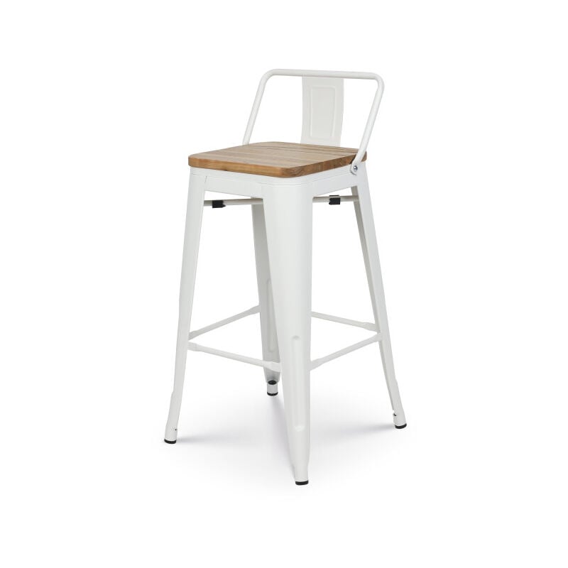 Kosmi - Tabouret en métal blanc mat style industriel avec dossier et assise en bois clair - Hauteur 66cm