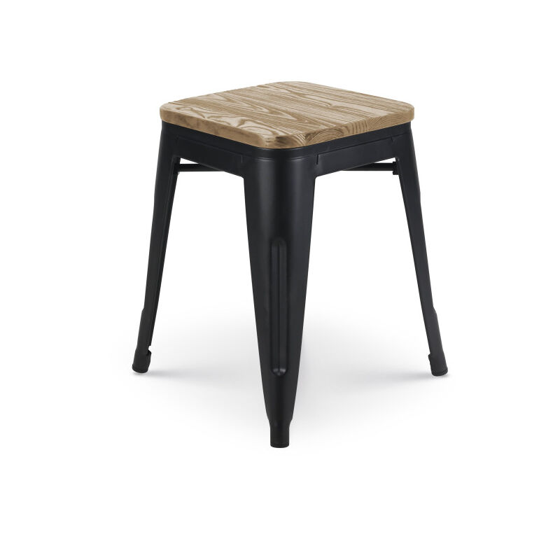 Kosmi - Tabouret en métal noir mat style industriel et assise en bois clair - Sans dossier - Hauteur 46 cm