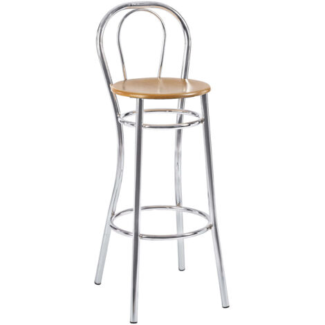 Tabouret en métal THONET avec structure chromée et siège en bois