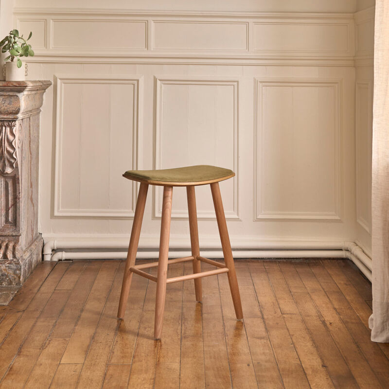 Berah Getah - Tabouret en teck massif assise velours cotelé 65 cm