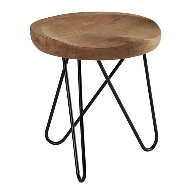 Pier Import - Tabouret en teck massif avec 3 pieds en épingle métal noir D40xH43cm town