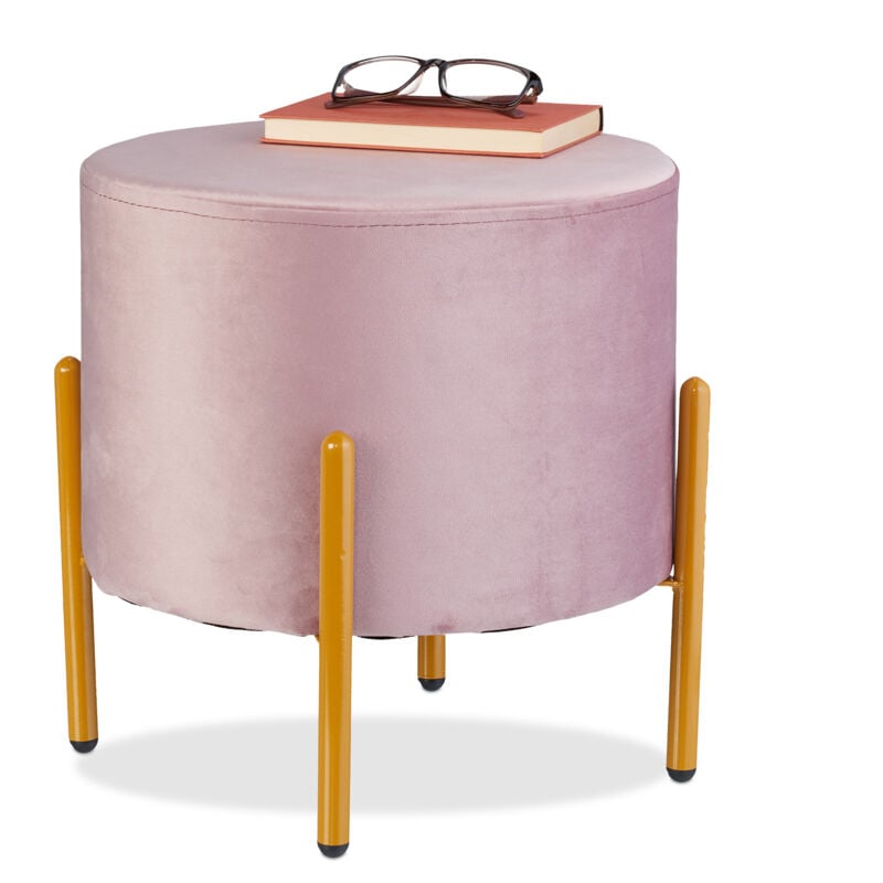 Tabouret en velours, matelassé, h x d: 39 x 37 cm, 4 pieds en métal, salon, chambre, entrée, rose/doré - Relaxdays