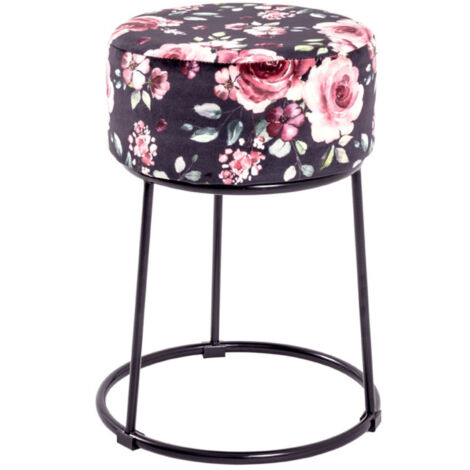Tabouret en Velours "Motif Fleurs" 46cm Noir & Rose