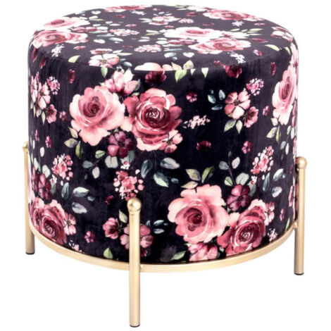 Tabouret en Velours "Motif Fleurs" 48cm Noir & Rose