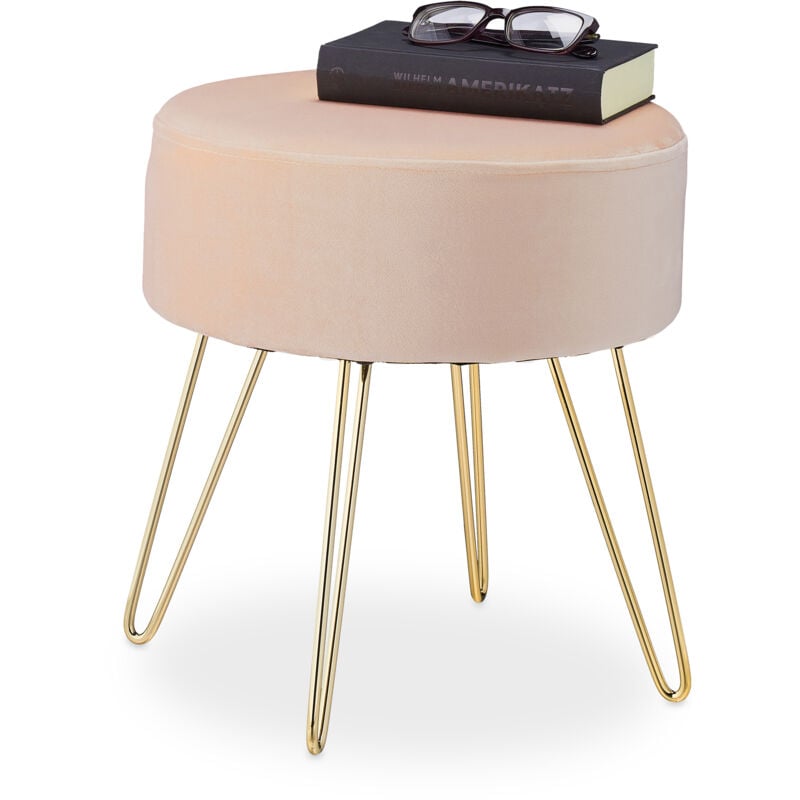 Tabouret à 4 pieds, en velours, rembourré, h x d : 40 x 37 cm, pour le salon. beige et doré - Relaxdays