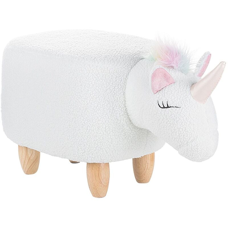 Beliani - Petit Tabouret pour Enfant en Forme de Licorne en Tissu Coton Blanc et Pieds en Bois d'Hévéa 35 cm de Hauteur