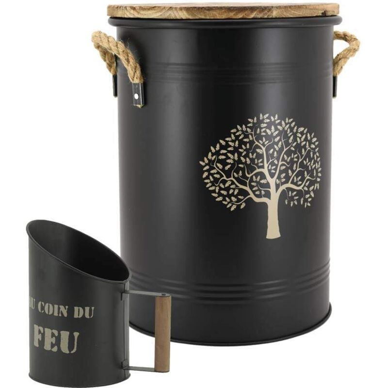 Aubry Gaspard - Tabouret et seau à pellets avec pelle Au coin du feu Métal laqué Arbre de vie