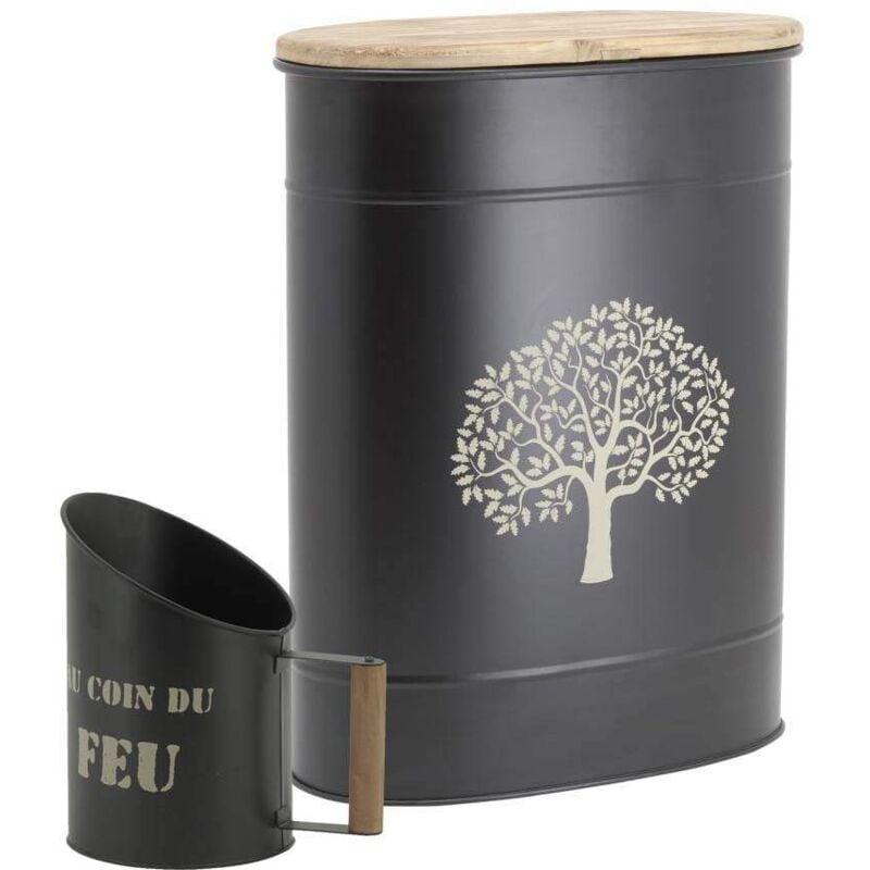 Tabouret et seau à pellets avec pelle Au coin du feu Métal noir Arbre