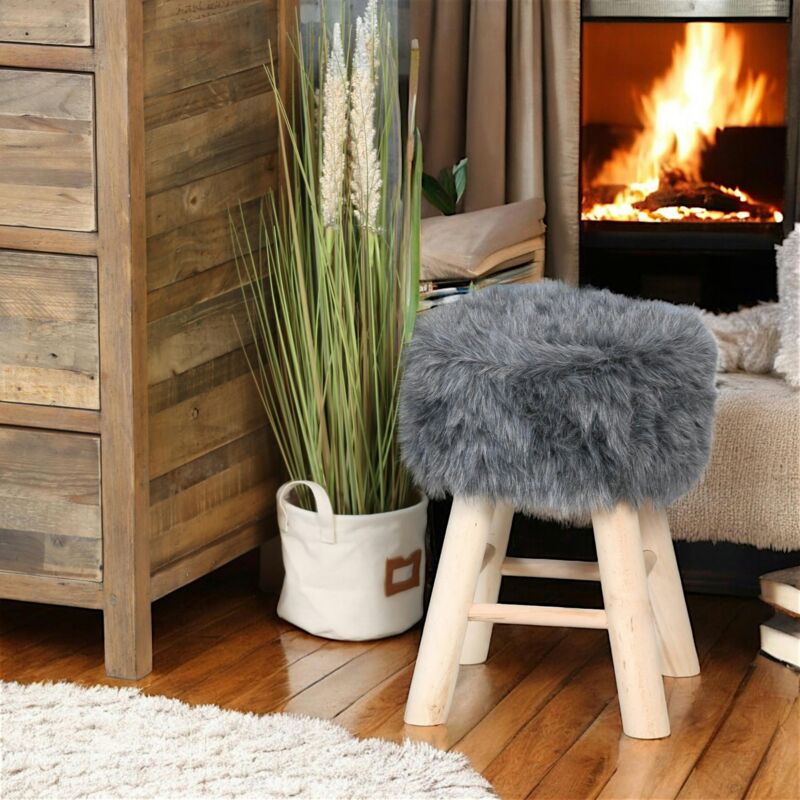 Pier Import - Tabouret fourrure grise synthétique