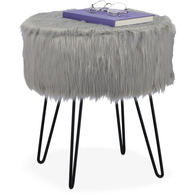 Tabouret fourrure, pouf matelassé, longs poils, structure en métal, pour coiffeuse, HxD : 41x37 cm, gris/noir - Relaxdays