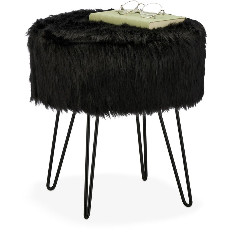 Relaxdays Tabouret fourrure, pouf matelassé, longs poils, structure en métal, pour coiffeuse, HxD : 41x37 cm, noir