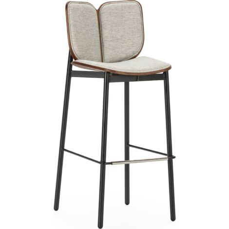 Tabouret haut design brun gris et noir assise tissu confortable - Gris clair et bois foncé