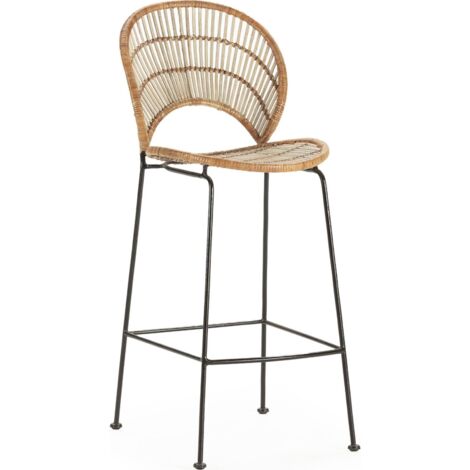 Tabouret haut élégant en osier et métal noir - Noir chic et naturel en osier