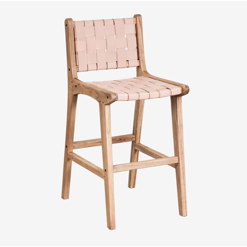 Sklum - Tabouret haut 60 cm en bois et cuir Zaid Rose pâle
