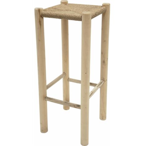 Tabouret haut en bois naturel et assise en corde artisanale - bois naturel et corde beige