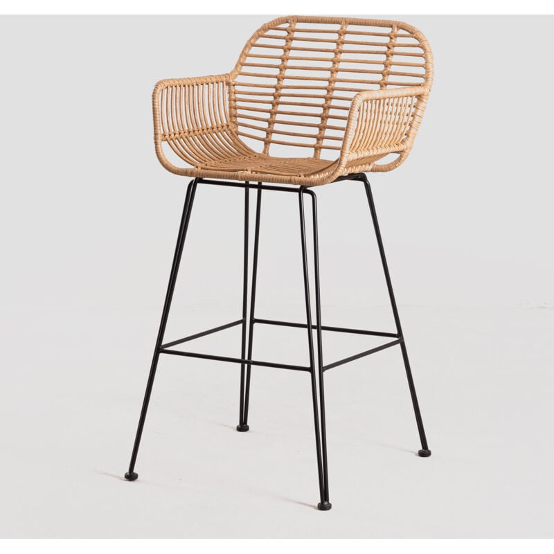 Sklum - Tabouret Haut en Rotin Synthétique Eska Noir ↑75 cm