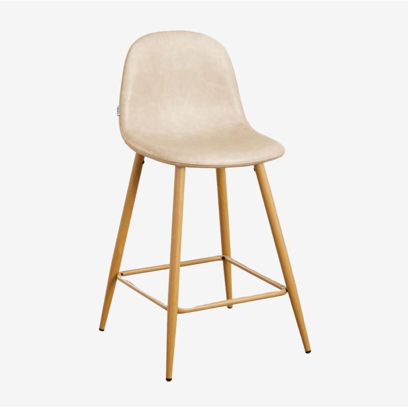 Sklum - Tabouret haut Glamm en simili cuir ↑65 cm Beige Crème Bois naturel