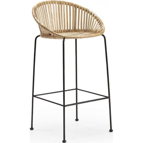 Tabouret haut osier naturel et métal noir style contemporain - Osier naturel et métal noir