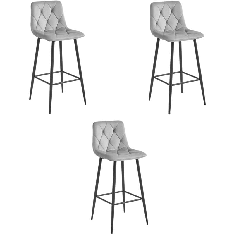 Tabouret NADO - velours gris argenté / pieds noirs x 3