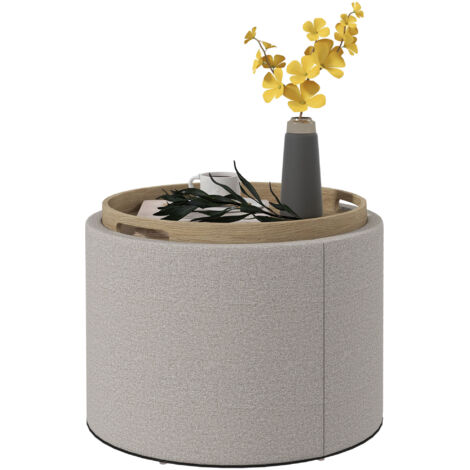 Tabouret Ottoman Rembourré, Linge, Rangement Caché, Couvercle Réversible, 56 cm x 56 cm x 42 cm, Gris Clair + Naturel